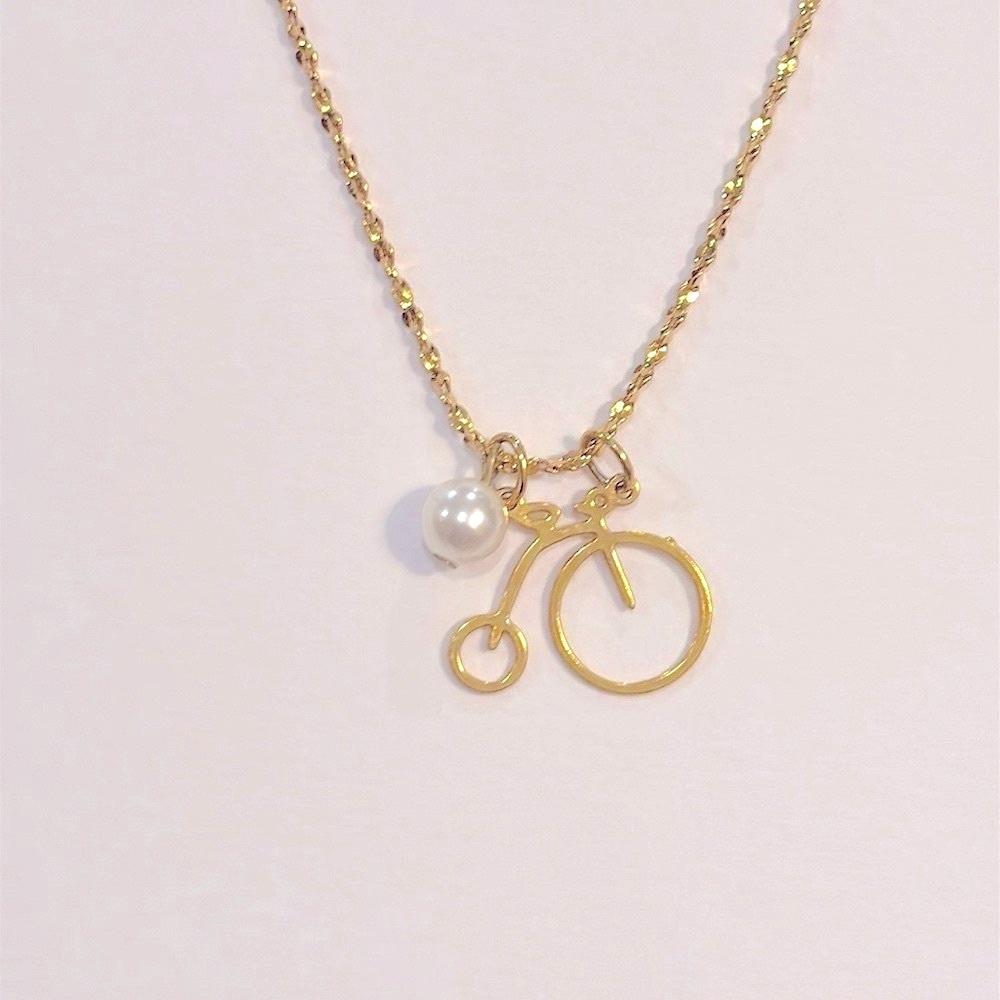 Vintage Necklace W/ Antique Penny Farthing Bicycle Pendant & Faux Pearl Gold